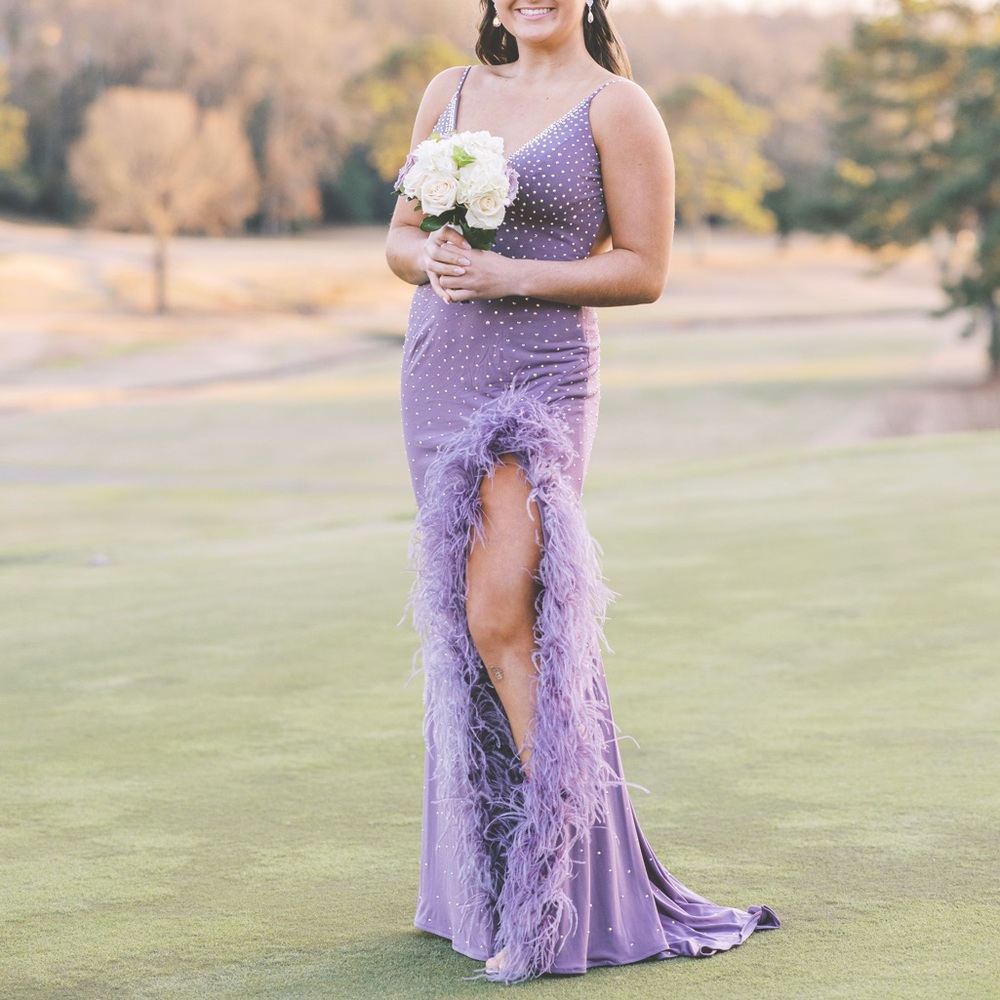 Jovani Lilac Prom Dress (with slit feathers/open back)